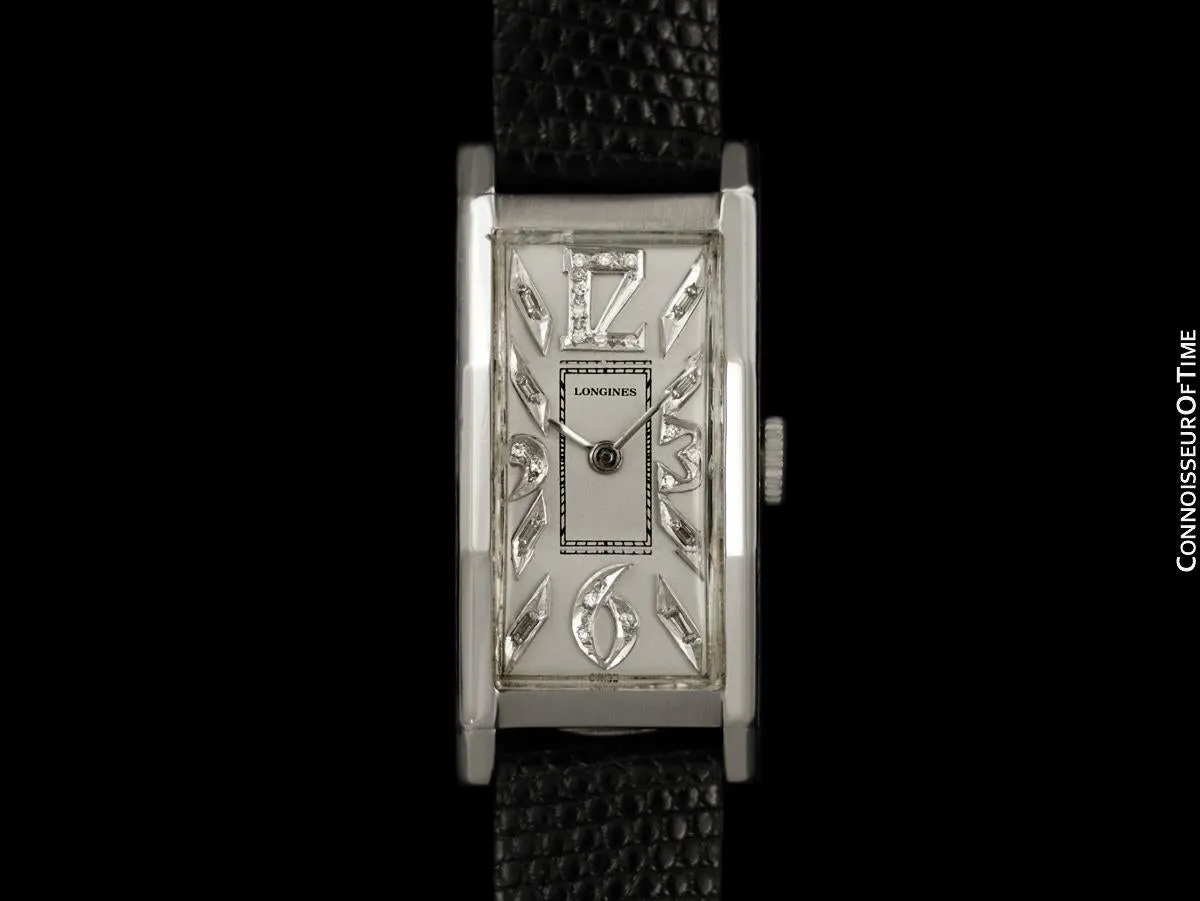 1946 Longines Vintage Mens Large Art Deco Watch - Platinum & Diamonds