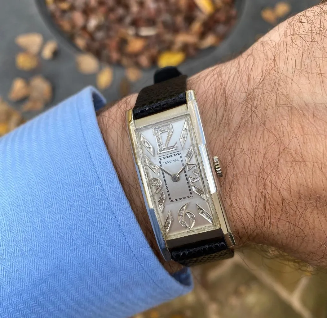 1946 Longines Vintage Mens Large Art Deco Watch - Platinum & Diamonds