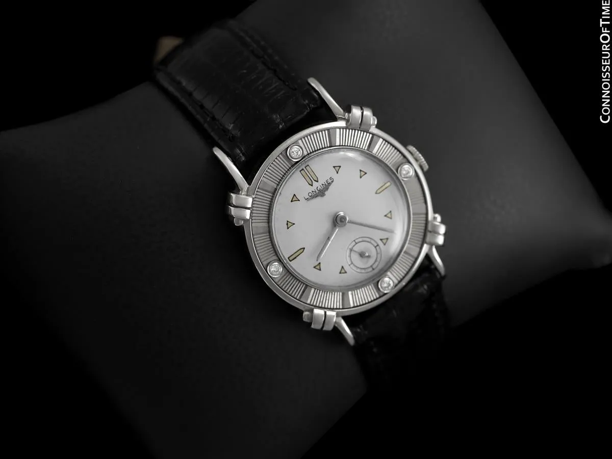 1952 Longines Vintage Mens Midsize Watch with Knot Lugs - 14K White Gold and Diamonds