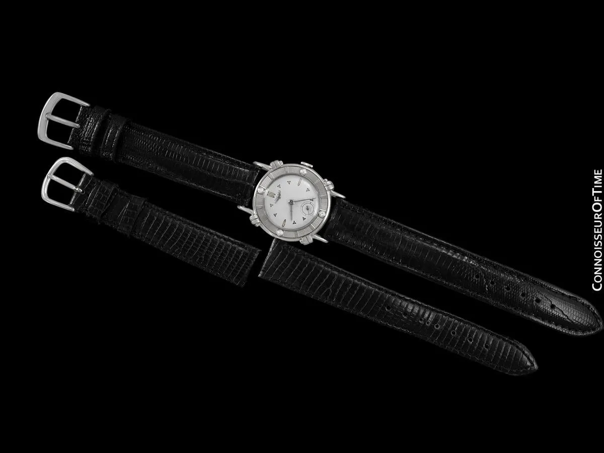 1952 Longines Vintage Mens Midsize Watch with Knot Lugs - 14K White Gold and Diamonds