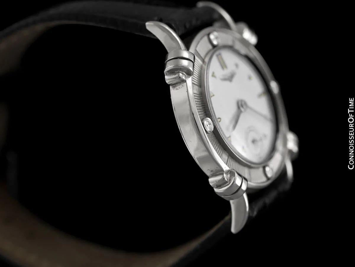 1952 Longines Vintage Mens Midsize Watch with Knot Lugs - 14K White Gold and Diamonds
