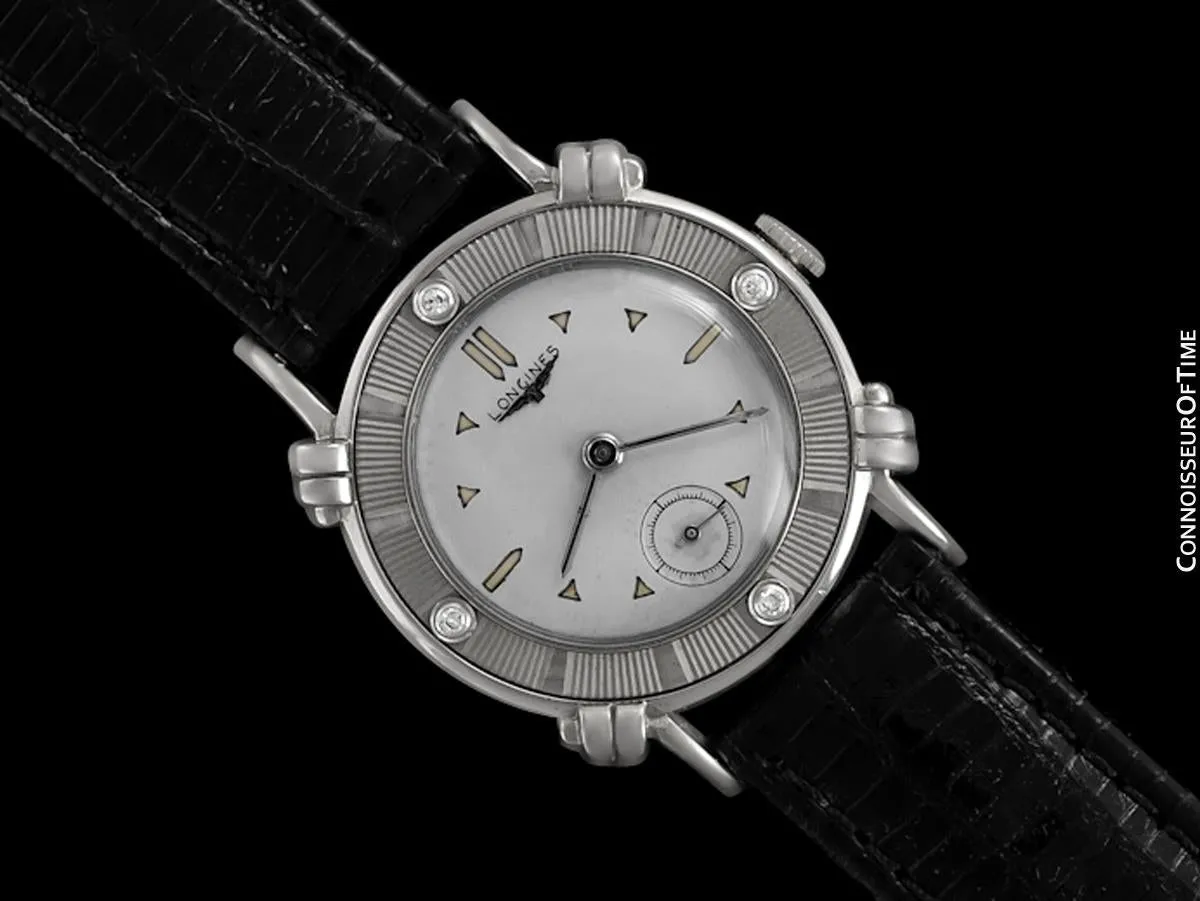 1952 Longines Vintage Mens Midsize Watch with Knot Lugs - 14K White Gold and Diamonds