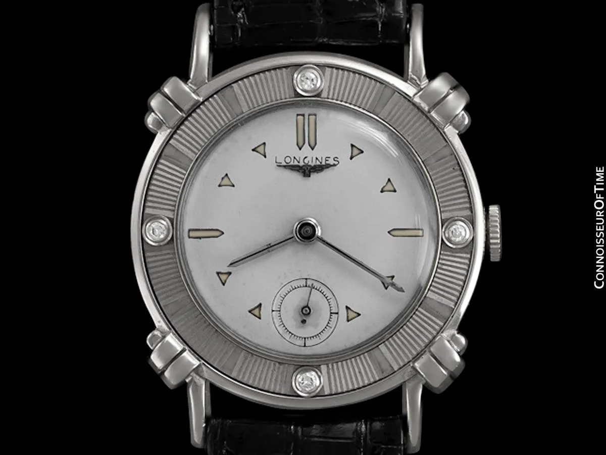 1952 Longines Vintage Mens Midsize Watch with Knot Lugs - 14K White Gold and Diamonds