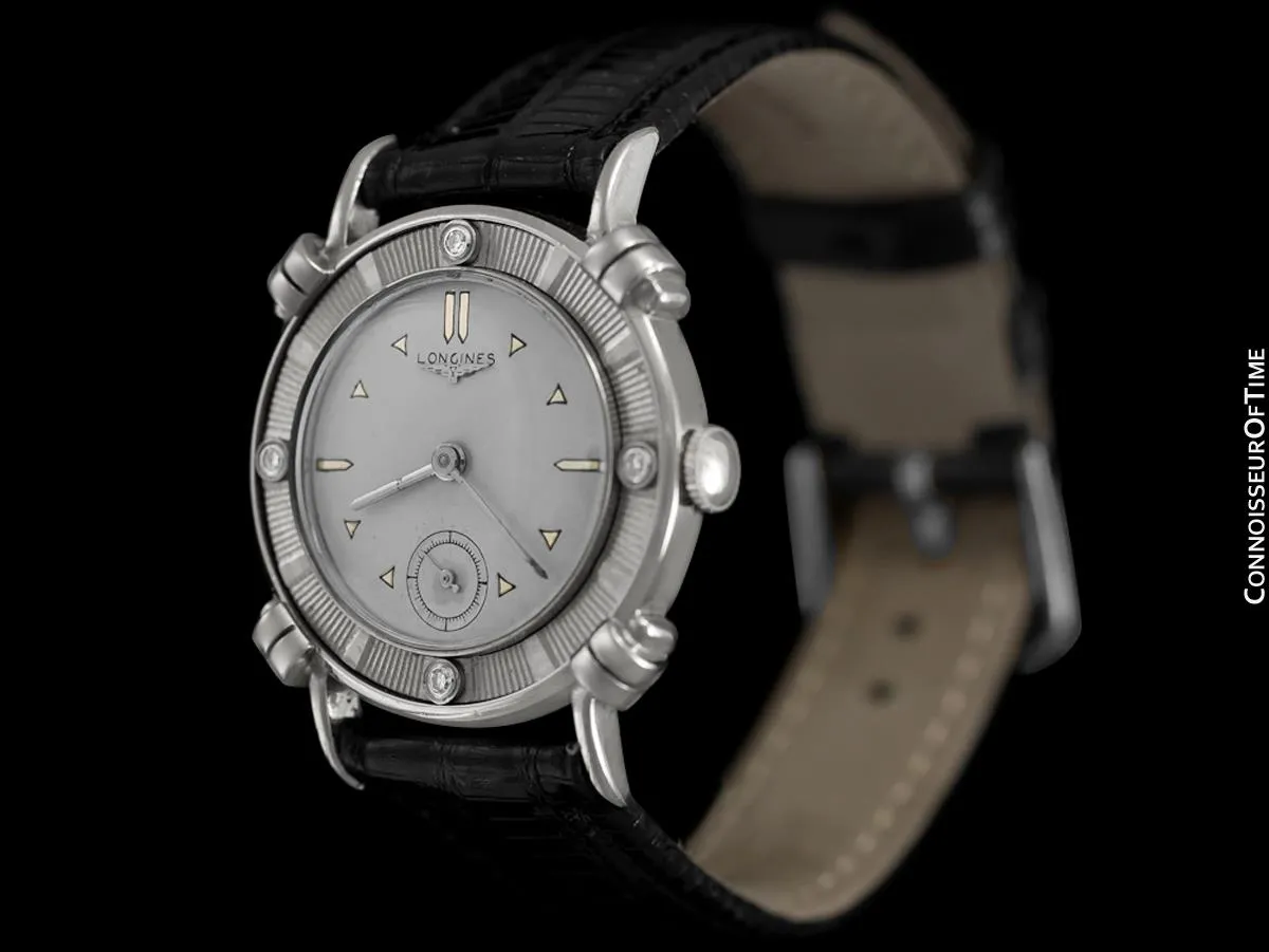 1952 Longines Vintage Mens Midsize Watch with Knot Lugs - 14K White Gold and Diamonds