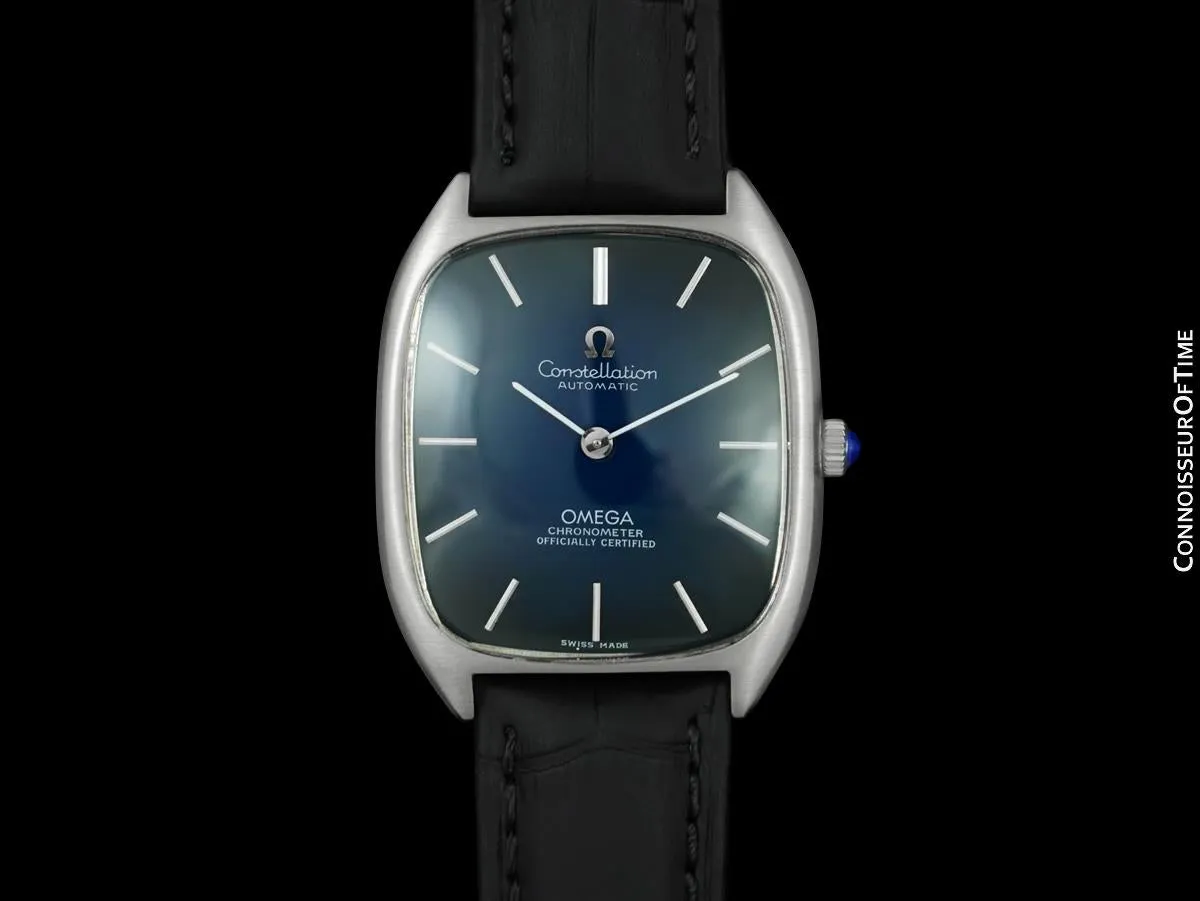1978 Omega Constellation Chronometer Vintage Mens Tonneau Watch with Blue Vignette Dial - Stainless Steel
