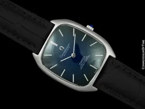 1978 Omega Constellation Chronometer Vintage Mens Tonneau Watch with Blue Vignette Dial - Stainless Steel