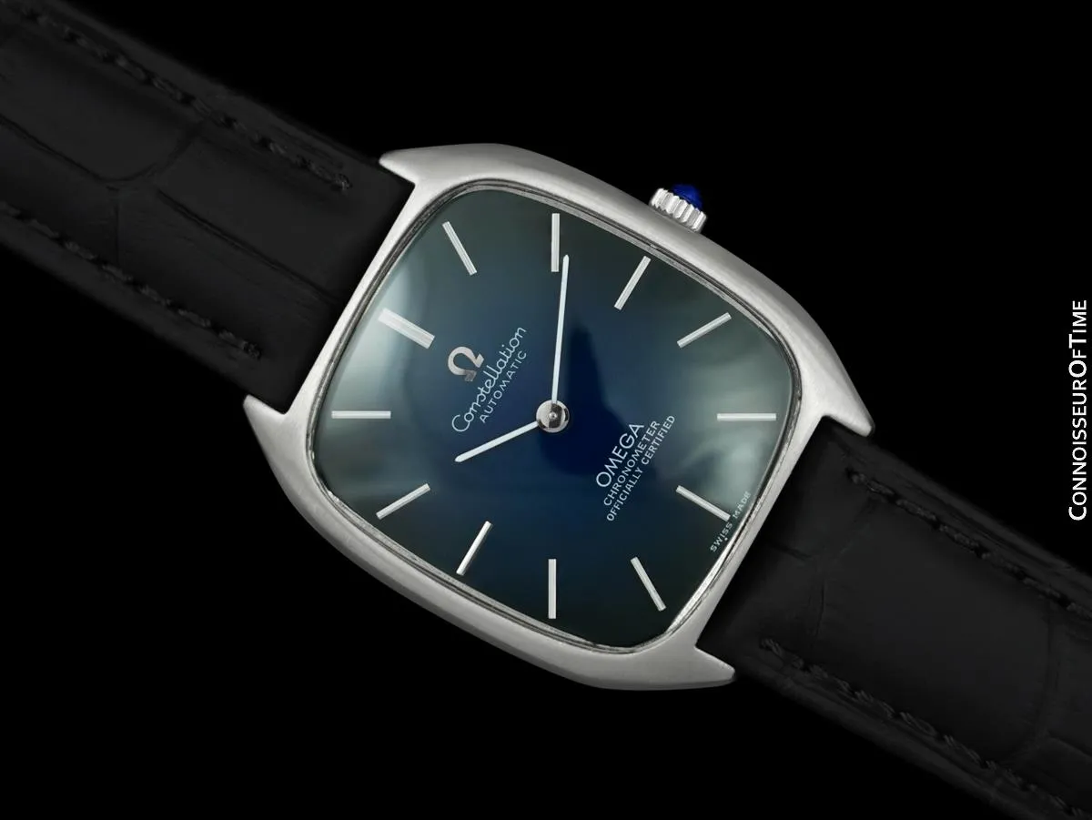 1978 Omega Constellation Chronometer Vintage Mens Tonneau Watch with Blue Vignette Dial - Stainless Steel