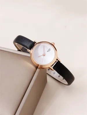 1pc PU Strap Round Dial Quartz Watch - Black