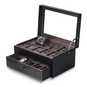 20 Watch Storage Case, Black Leather with Glass Lid and Drawer