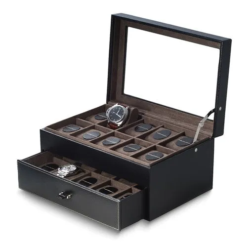 20 Watch Storage Case, Black Leather with Glass Lid and Drawer