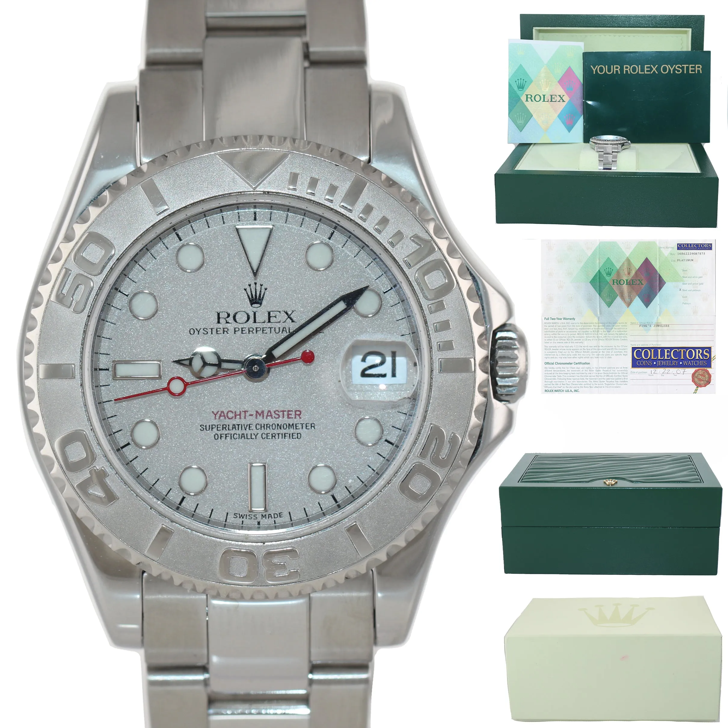 2007 PAPERS Rolex Yacht-Master 168622 Steel Platinum Ladies Midsize 35mm Watch