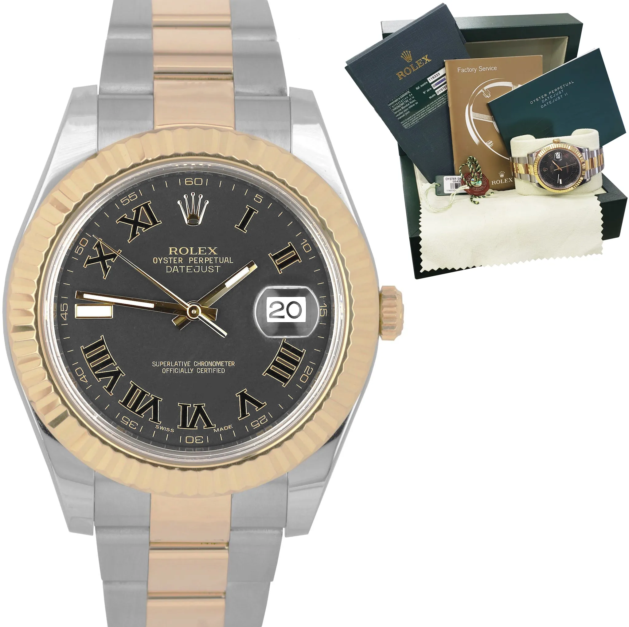 2012 Rolex Datejust II 2 116333 Two-Tone Gold Stainless Black Roman 41mm Watch
