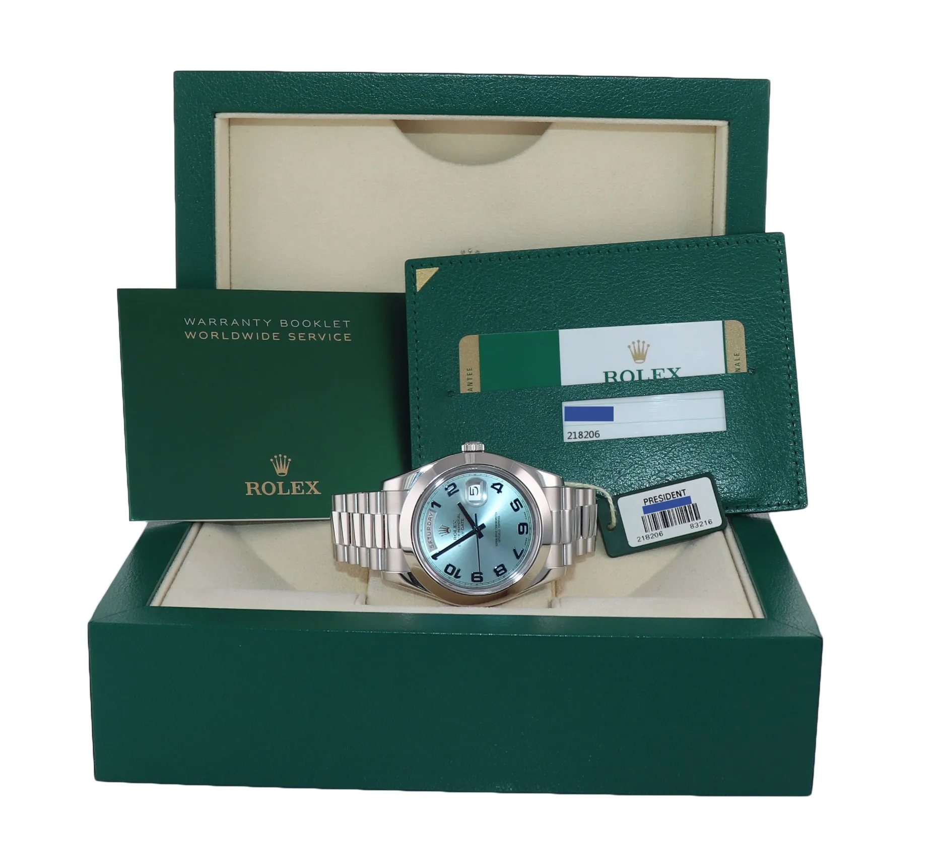2015 PAPERS Rolex Day-Date 41mm Glacier Blue Platinum President 218206 Watch Box