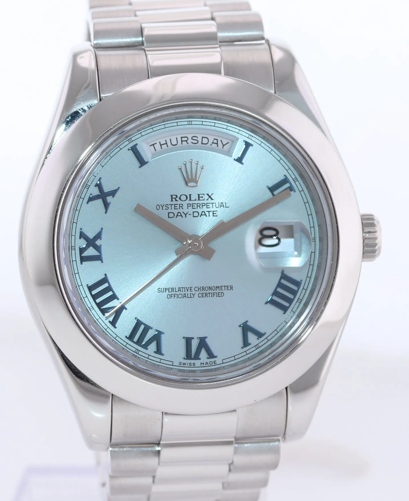 2015 Rolex Day-Date 41mm Glacier Blue Roman Platinum President 218206 Watch Box