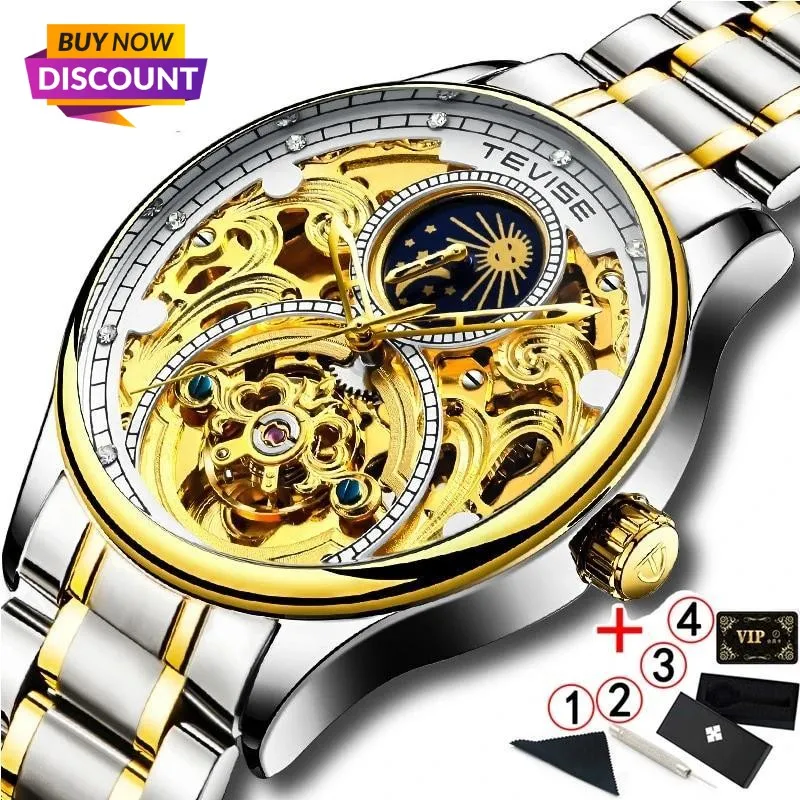 2020 New Luxury Blue Gold Skeleton Automatic Self-Wind Watch