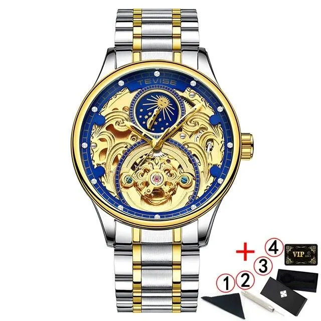 2020 New Luxury Blue Gold Skeleton Automatic Self-Wind Watch
