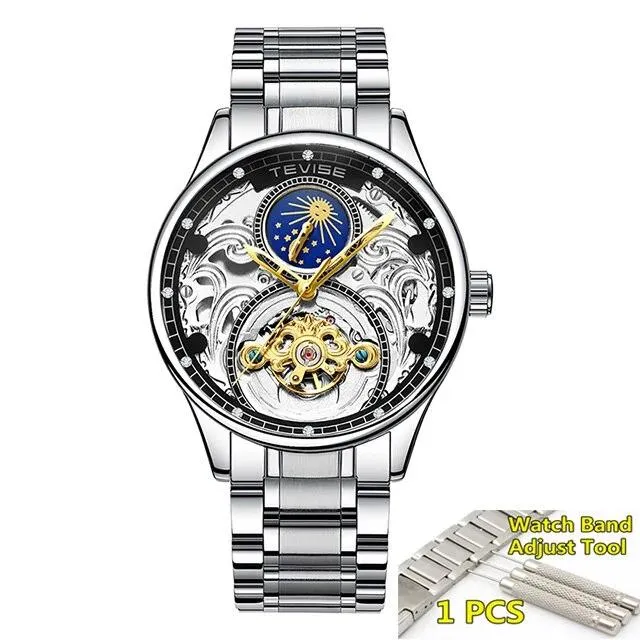 2020 New Luxury Blue Gold Skeleton Automatic Self-Wind Watch