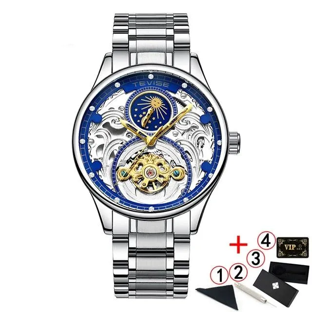 2020 New Luxury Blue Gold Skeleton Automatic Self-Wind Watch