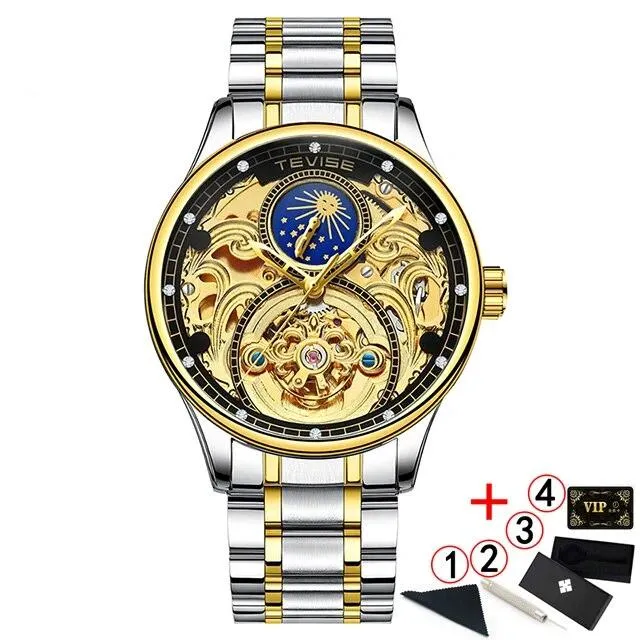 2020 New Luxury Blue Gold Skeleton Automatic Self-Wind Watch