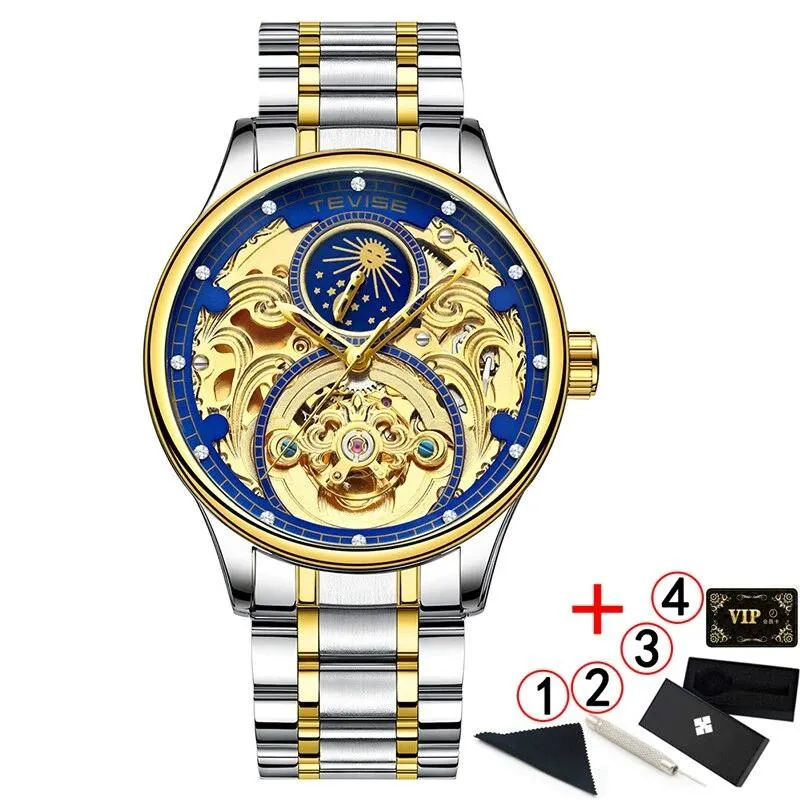2020 New Luxury Blue Gold Skeleton Automatic Self-Wind Watch