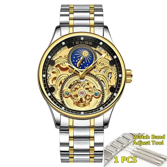 2020 New Luxury Blue Gold Skeleton Automatic Self-Wind Watch
