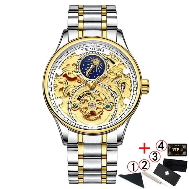 2020 New Luxury Blue Gold Skeleton Automatic Self-Wind Watch