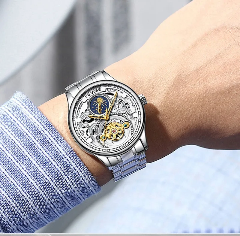 2020 New Luxury Blue Gold Skeleton Automatic Self-Wind Watch