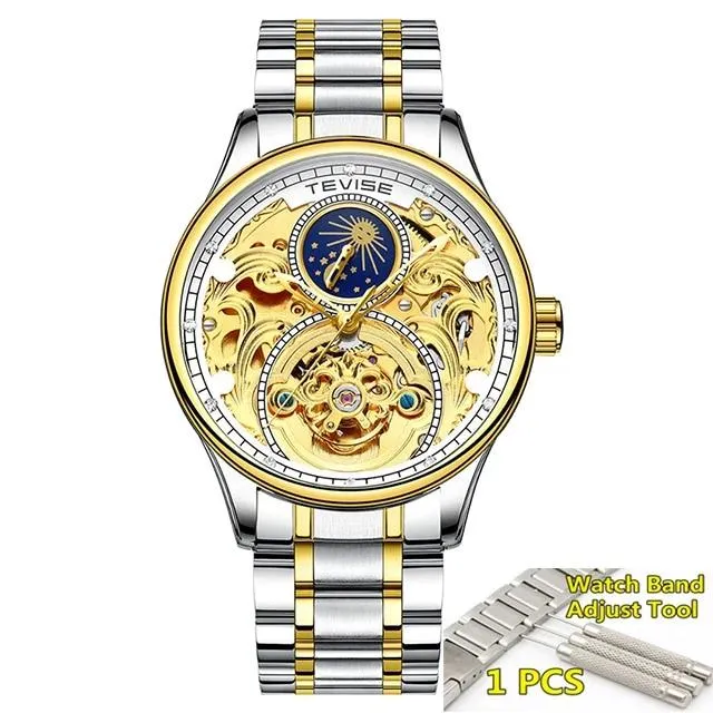 2020 New Luxury Blue Gold Skeleton Automatic Self-Wind Watch