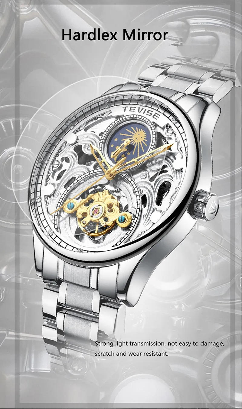 2020 New Luxury Blue Gold Skeleton Automatic Self-Wind Watch
