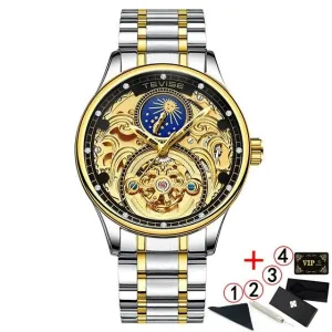 2020 New Luxury Blue Gold Skeleton Automatic Self-Wind Watch