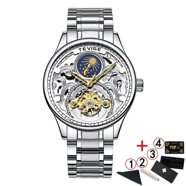 2020 New Luxury Blue Gold Skeleton Automatic Self-Wind Watch
