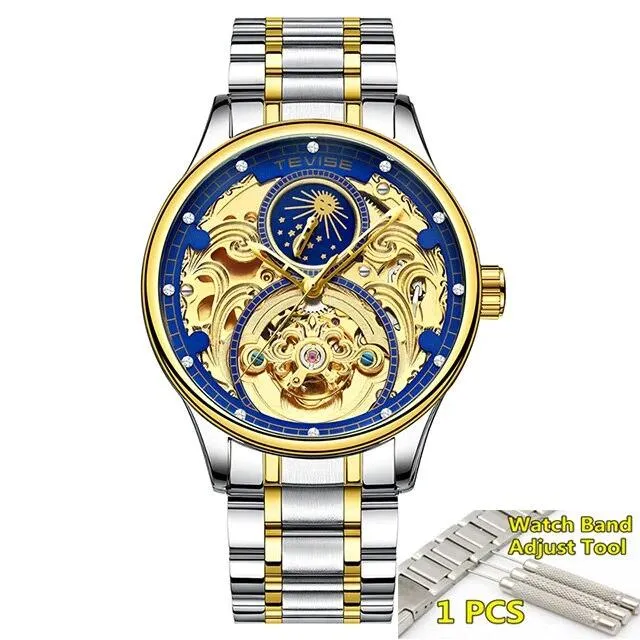 2020 New Luxury Blue Gold Skeleton Automatic Self-Wind Watch