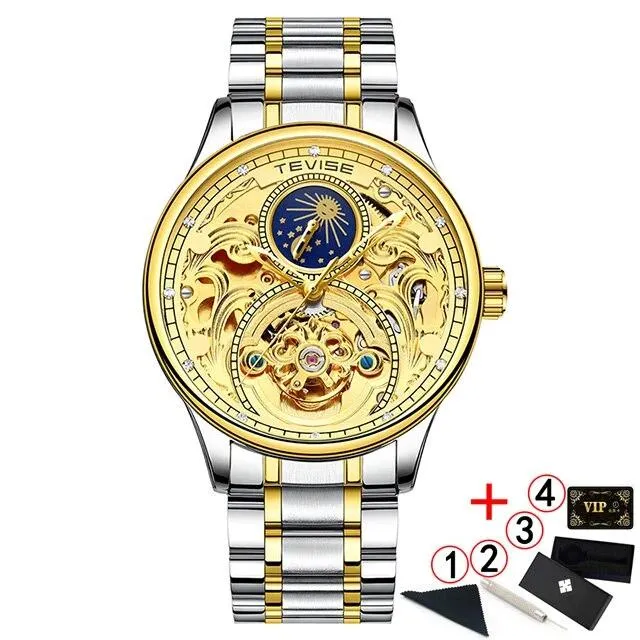 2020 New Luxury Blue Gold Skeleton Automatic Self-Wind Watch