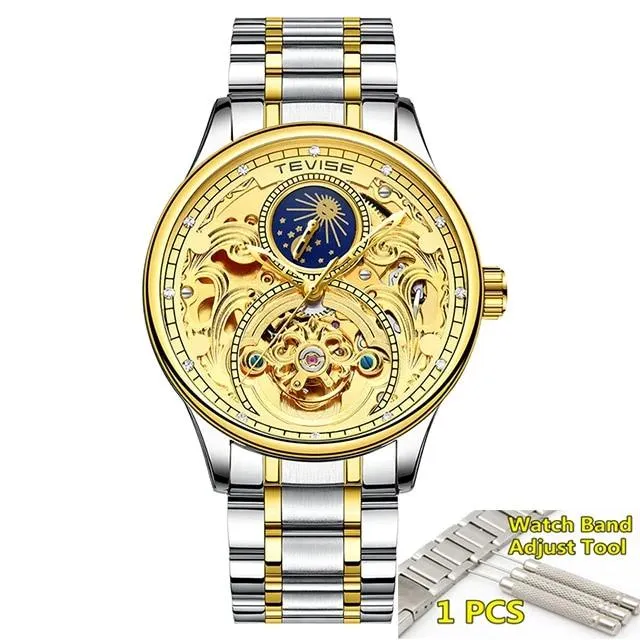 2020 New Luxury Blue Gold Skeleton Automatic Self-Wind Watch