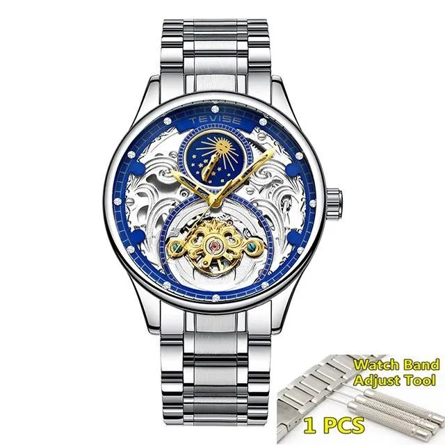 2020 New Luxury Blue Gold Skeleton Automatic Self-Wind Watch