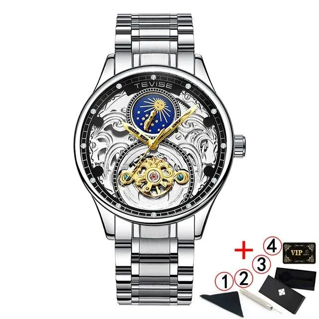 2020 New Luxury Blue Gold Skeleton Automatic Self-Wind Watch