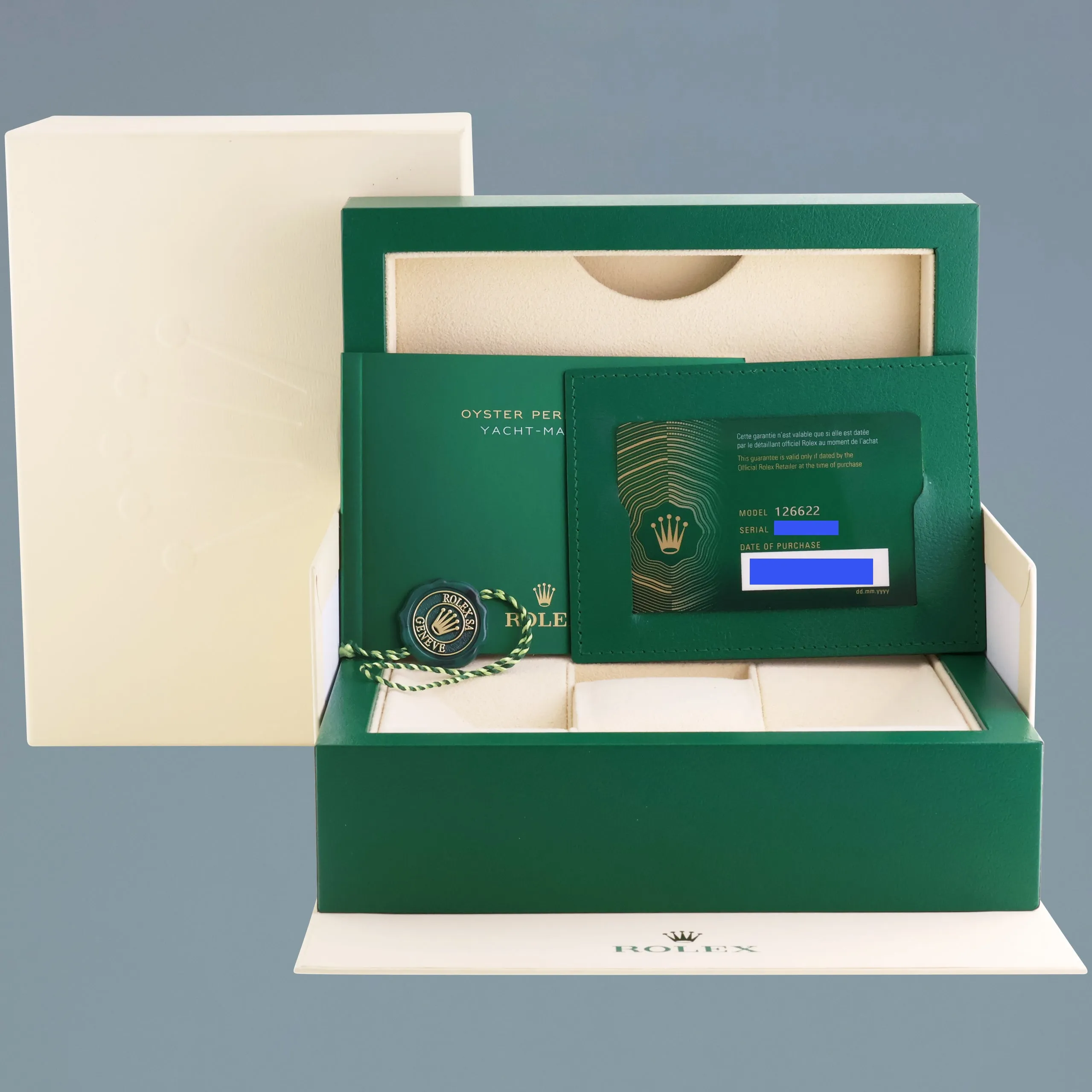 2023 PAPERS Rolex Yacht-Master 126622 Steel Platinum Rhodium Blue Watch Box