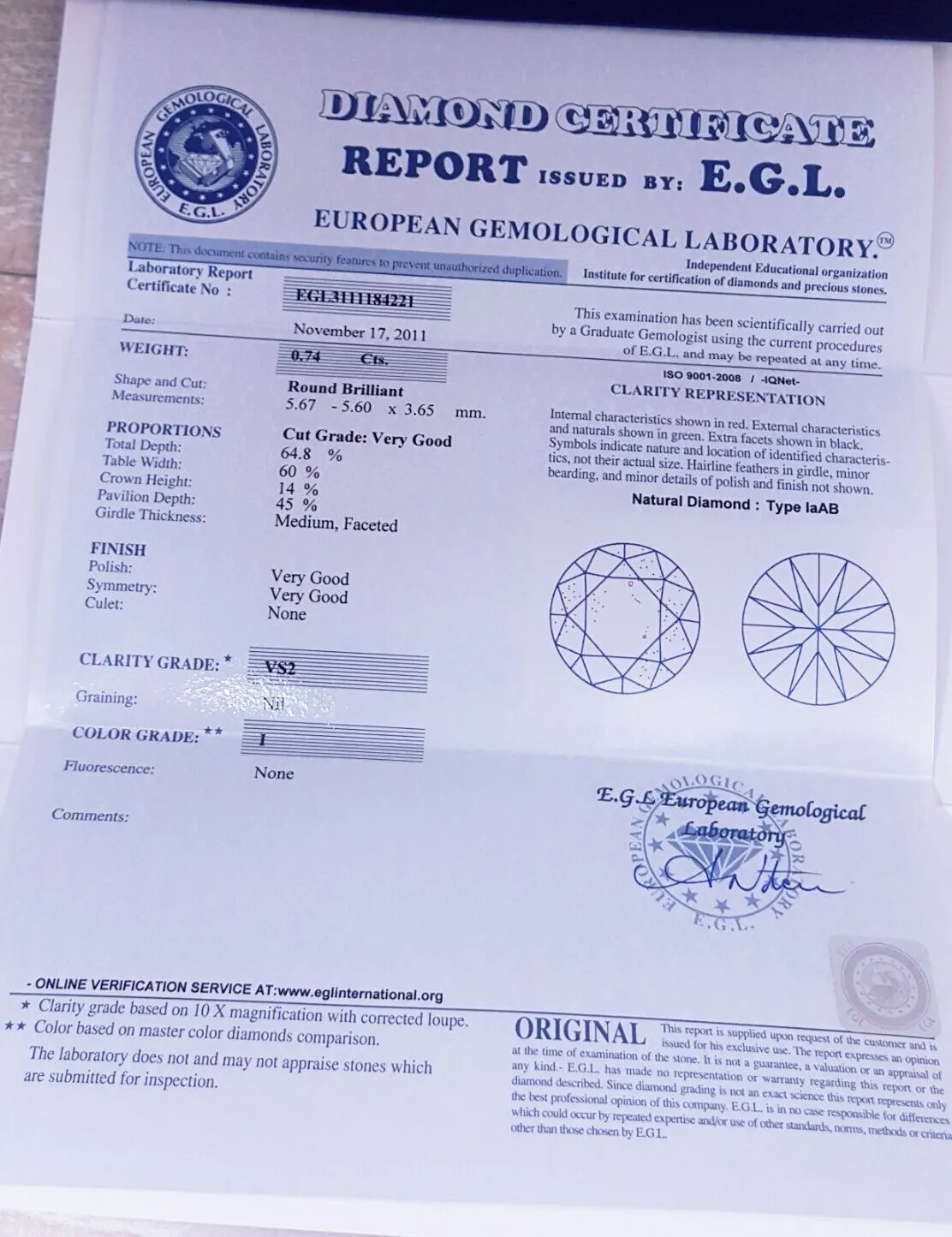 3/4 Carat I Color VS2 Clarity  EGL Certified Round Cut Natural Loose Diamond