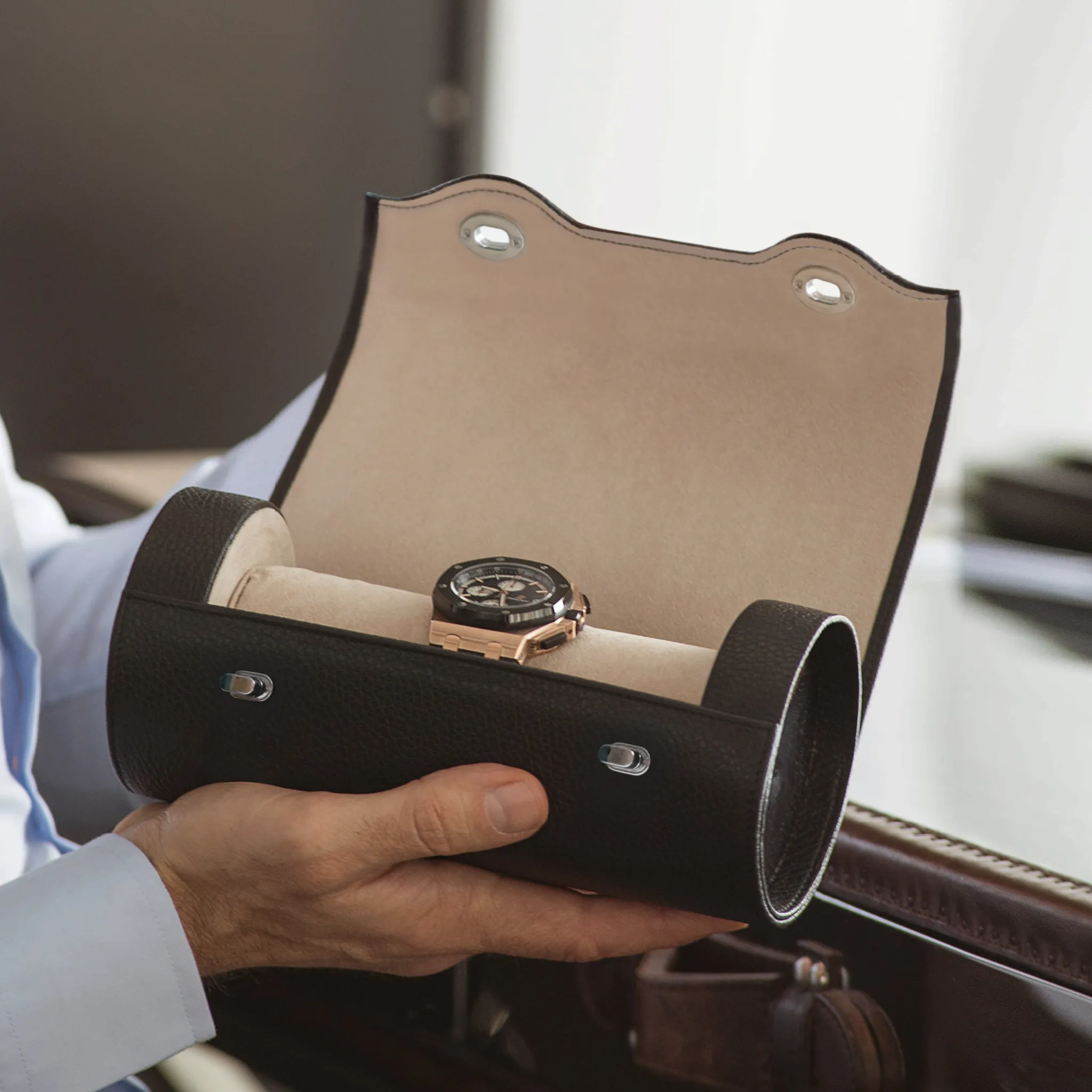4-Watch Leather and Wood Luxury Travel Roll | Agresti Rollo Delle Ore
