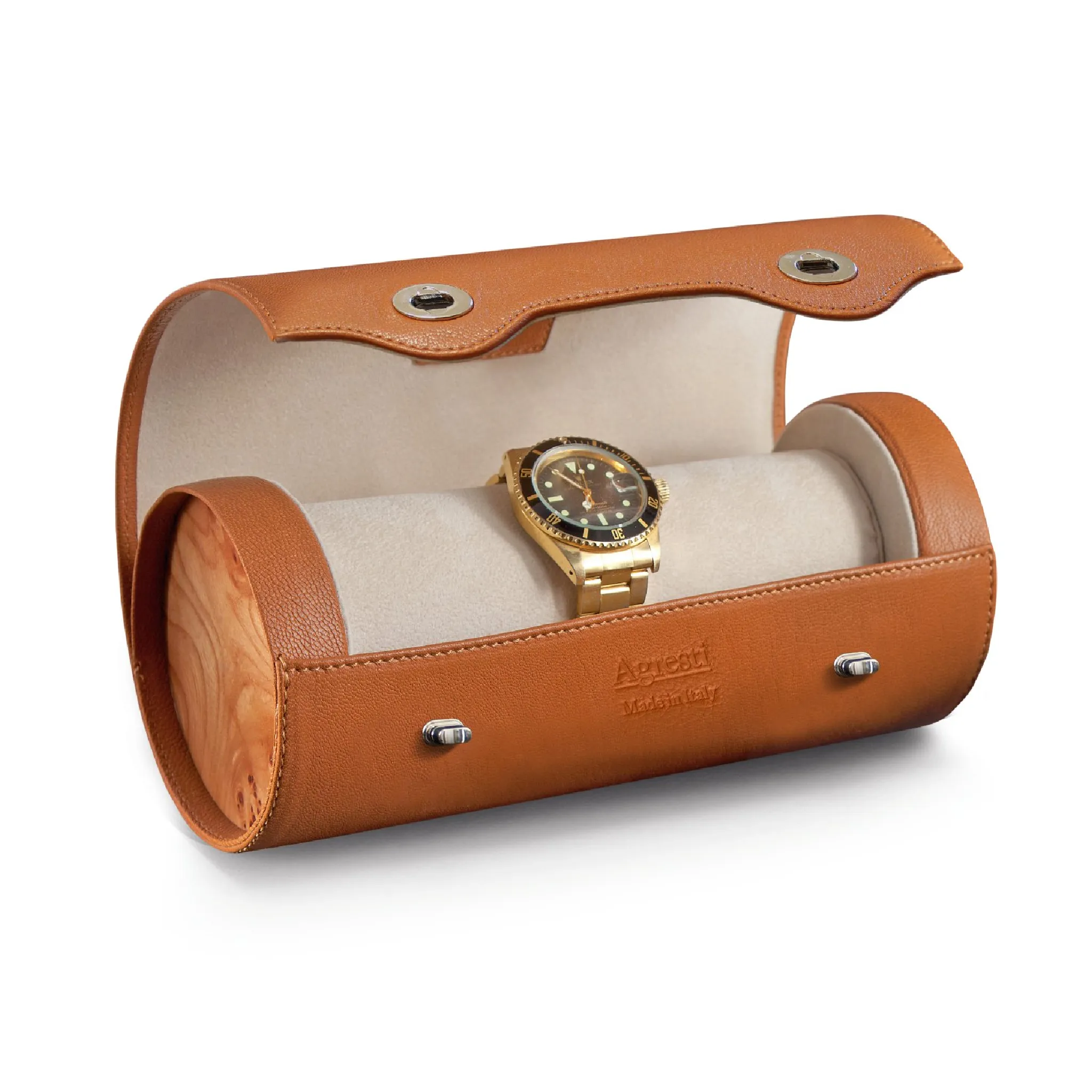 4-Watch Leather and Wood Luxury Travel Roll | Agresti Rollo Delle Ore