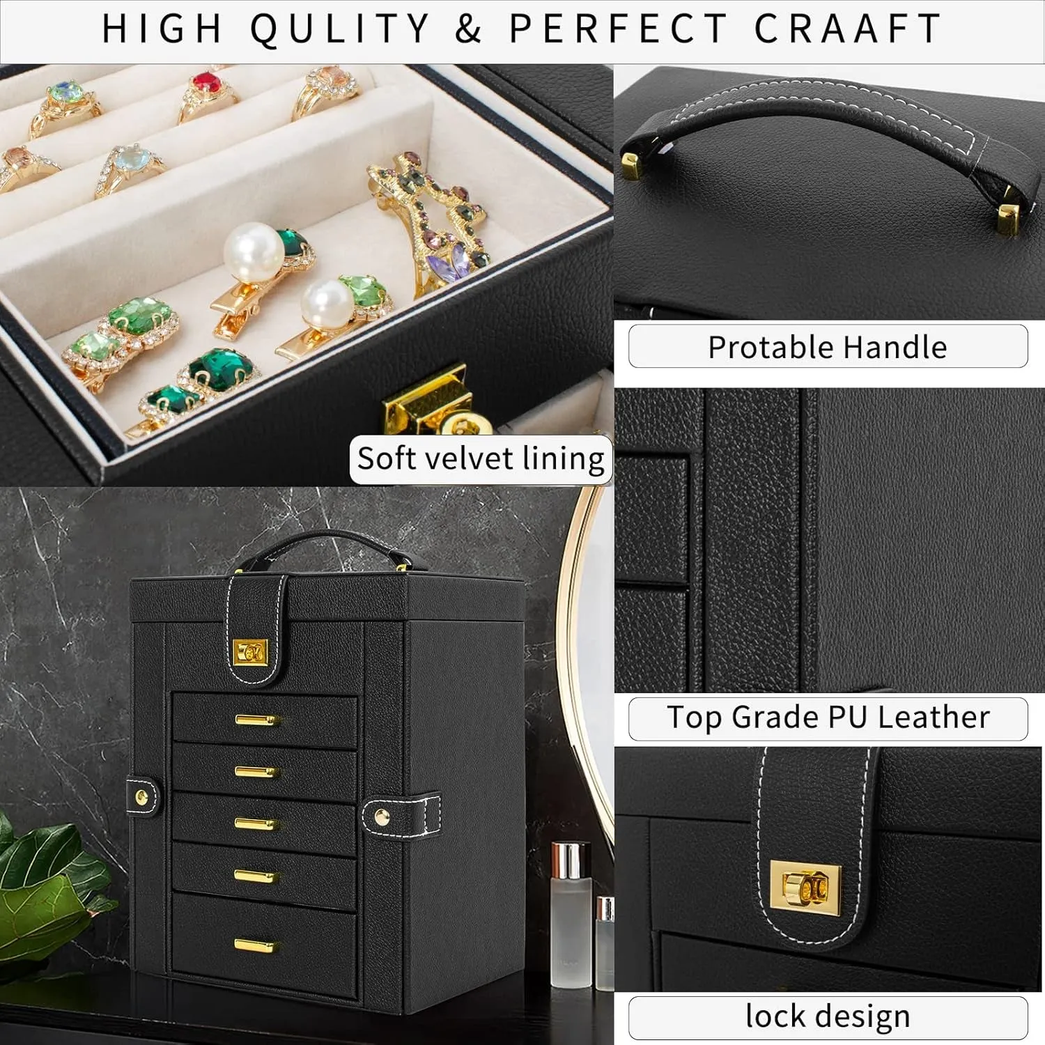 6 LAYERS Functional Leather Jewelry Storage Case with Mirror, Black