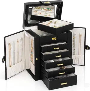 6 LAYERS Functional Leather Jewelry Storage Case with Mirror, Black