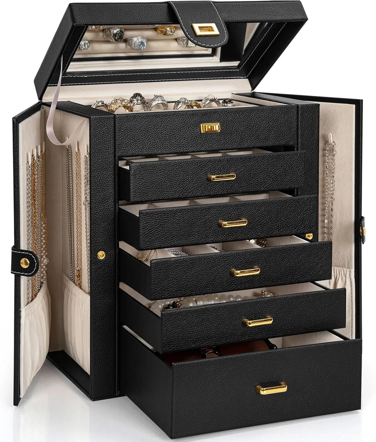 6 LAYERS Functional Leather Jewelry Storage Case with Mirror, Black