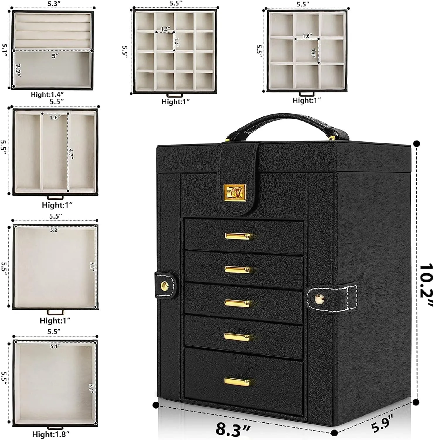 6 LAYERS Functional Leather Jewelry Storage Case with Mirror, Black