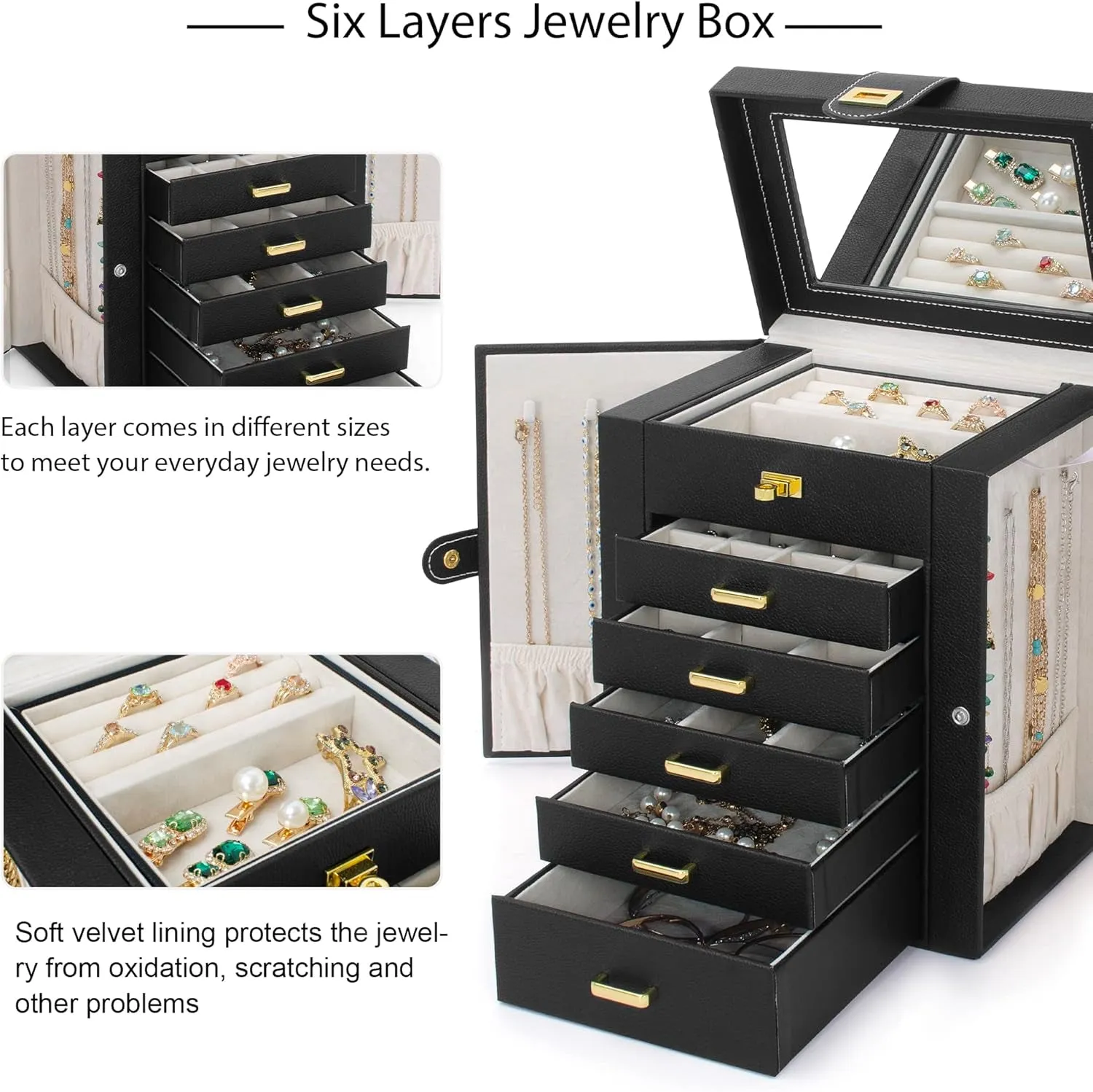 6 LAYERS Functional Leather Jewelry Storage Case with Mirror, Black