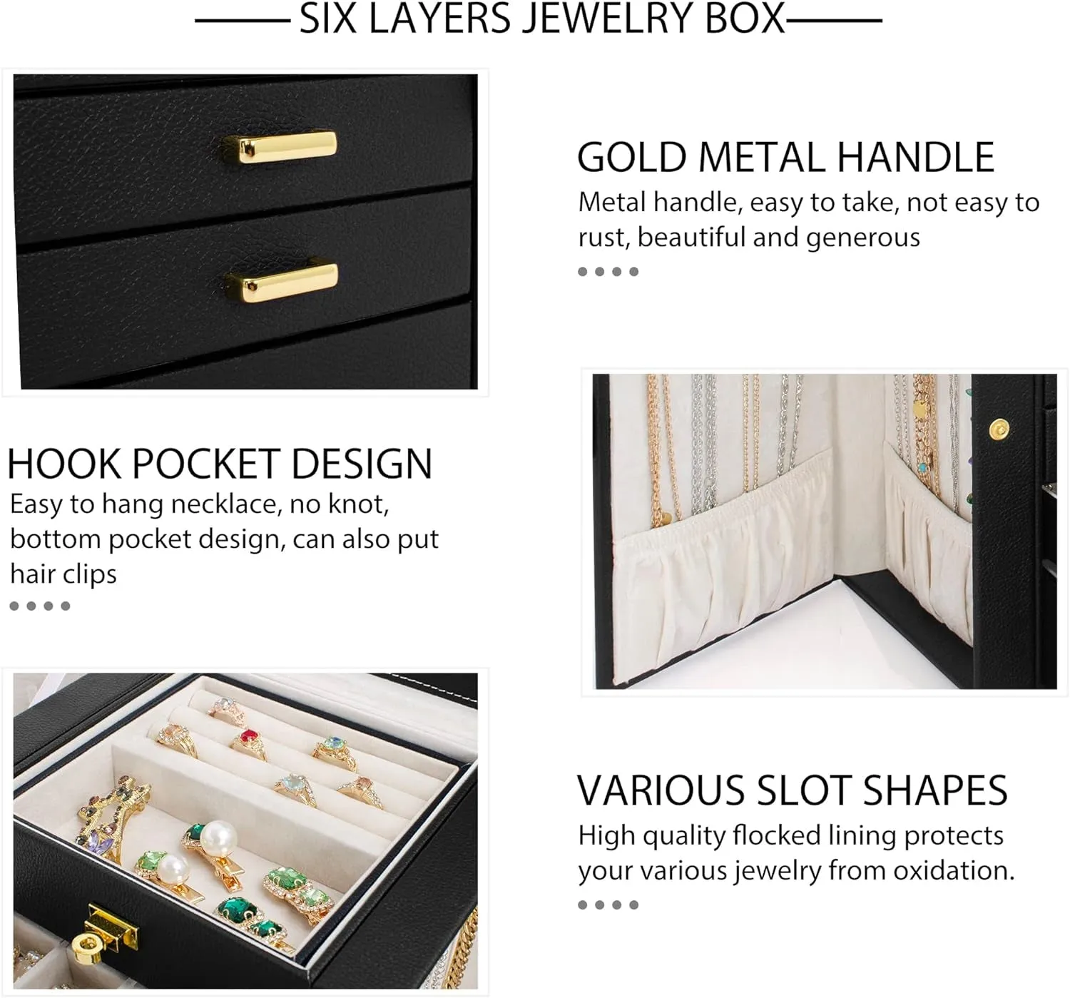 6 LAYERS Functional Leather Jewelry Storage Case with Mirror, Black