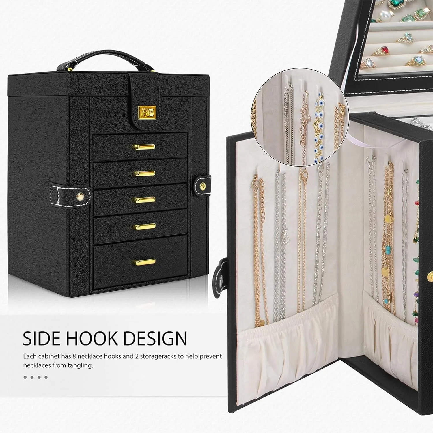 6 LAYERS Functional Leather Jewelry Storage Case with Mirror, Black