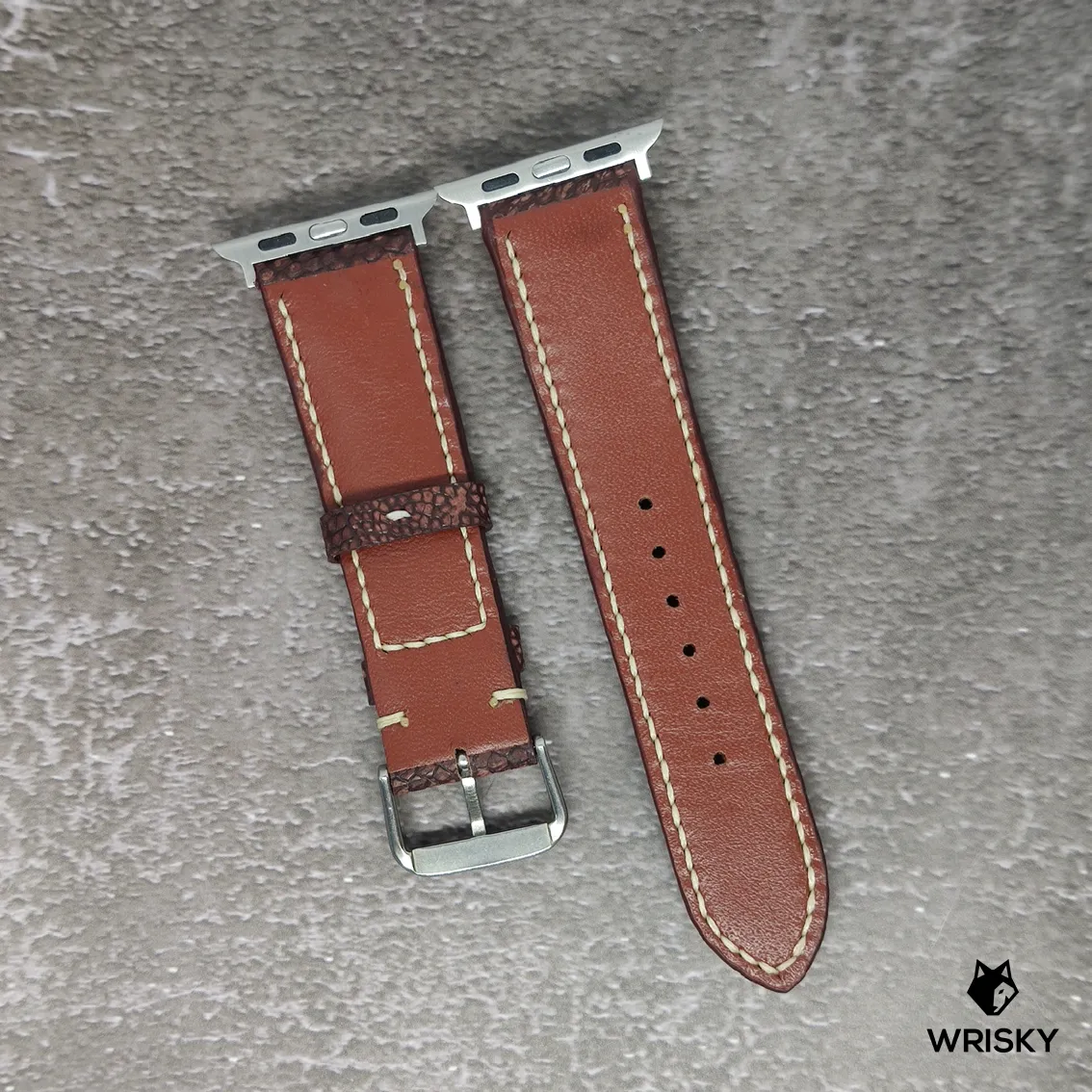 #92 (Apple Watch) Copper Brown Nuback Ostrich Leg Leather Watch Strap With Cream Stitch