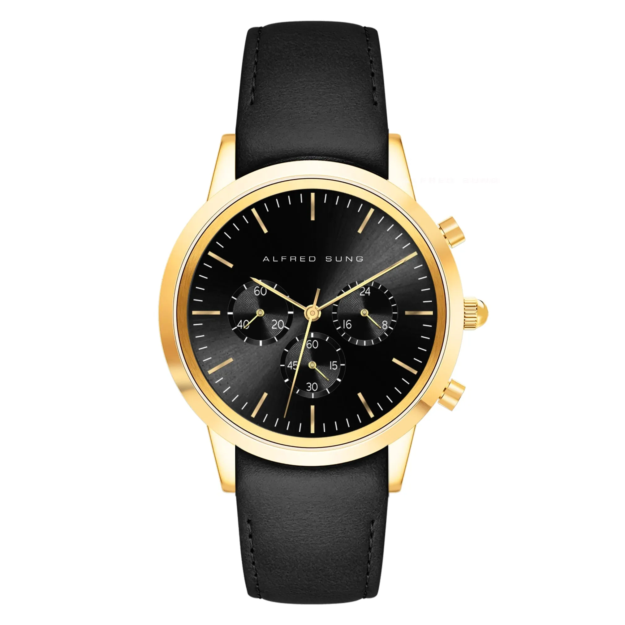 Alfred Sung Chronograph Black Sunray Dial Black Leather Strap Men's watch