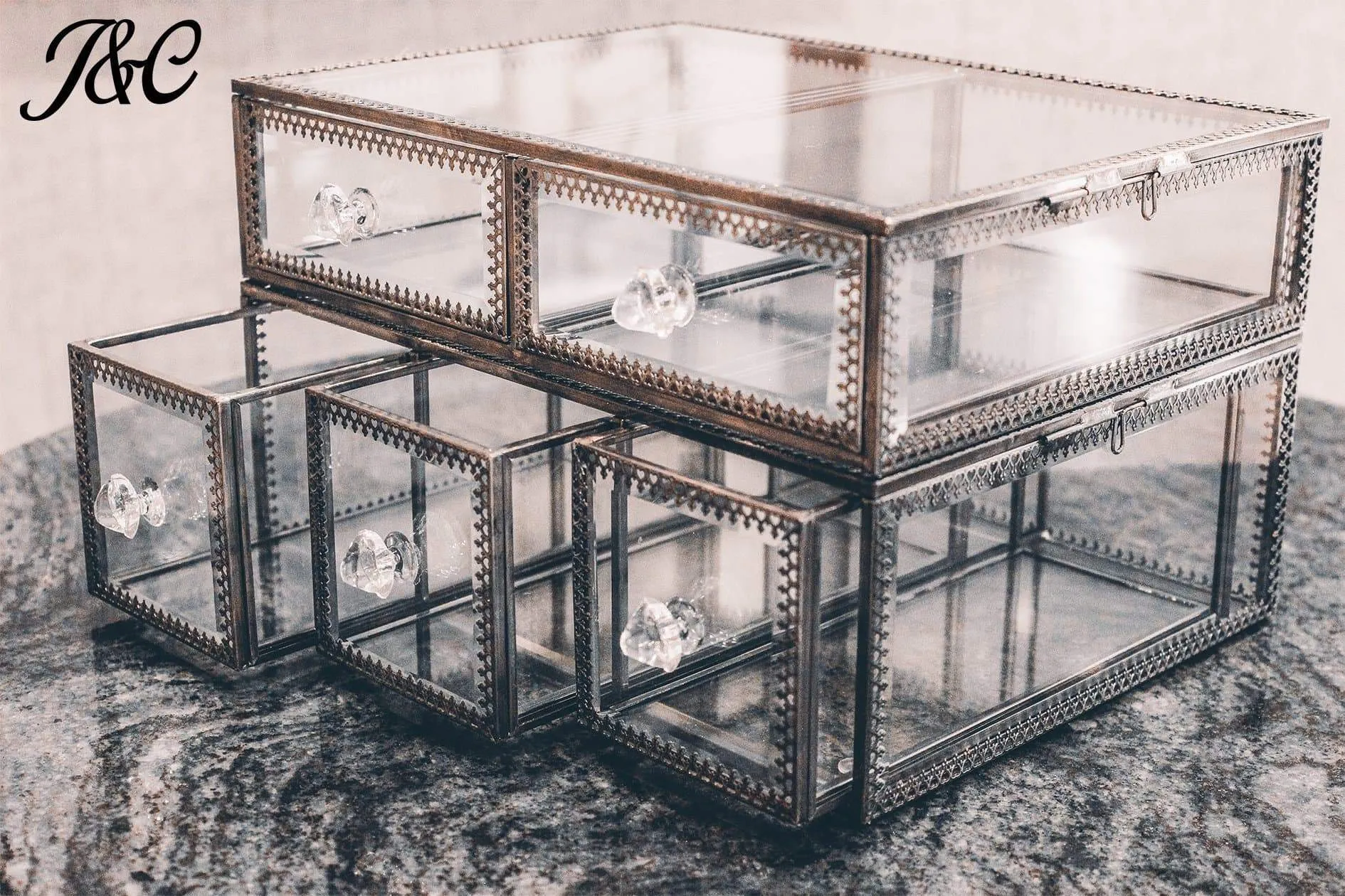 Antique Large 4 Tier Clear Glass with Brass Metal Cosmetic Makeup Storage Cube Organizer with 6 Drawers. Each of Which Can be Used Individually - By JC (4SET)